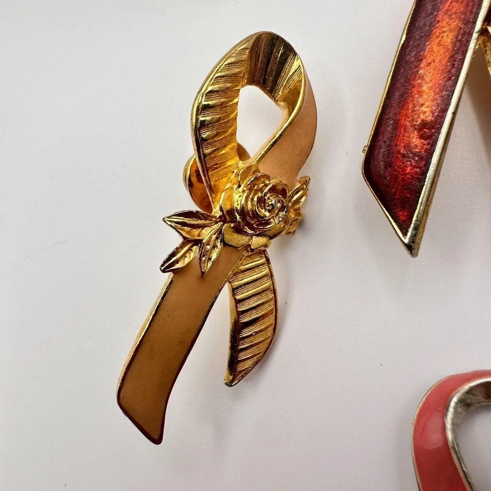 Vintage‎ 90s Awareness Ribbon Enamel Gold Tone Brooch Pins Set Classic Jewelry
